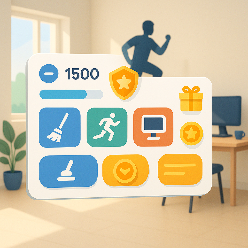 A sleek, high-quality illustration of a life dashboard transformed into a role-playing game interface, featuring points, badges, levels, and rewards icons integrated seamlessly with everyday activities like cleaning, exercising, and working, set in a bright, motivating environment.