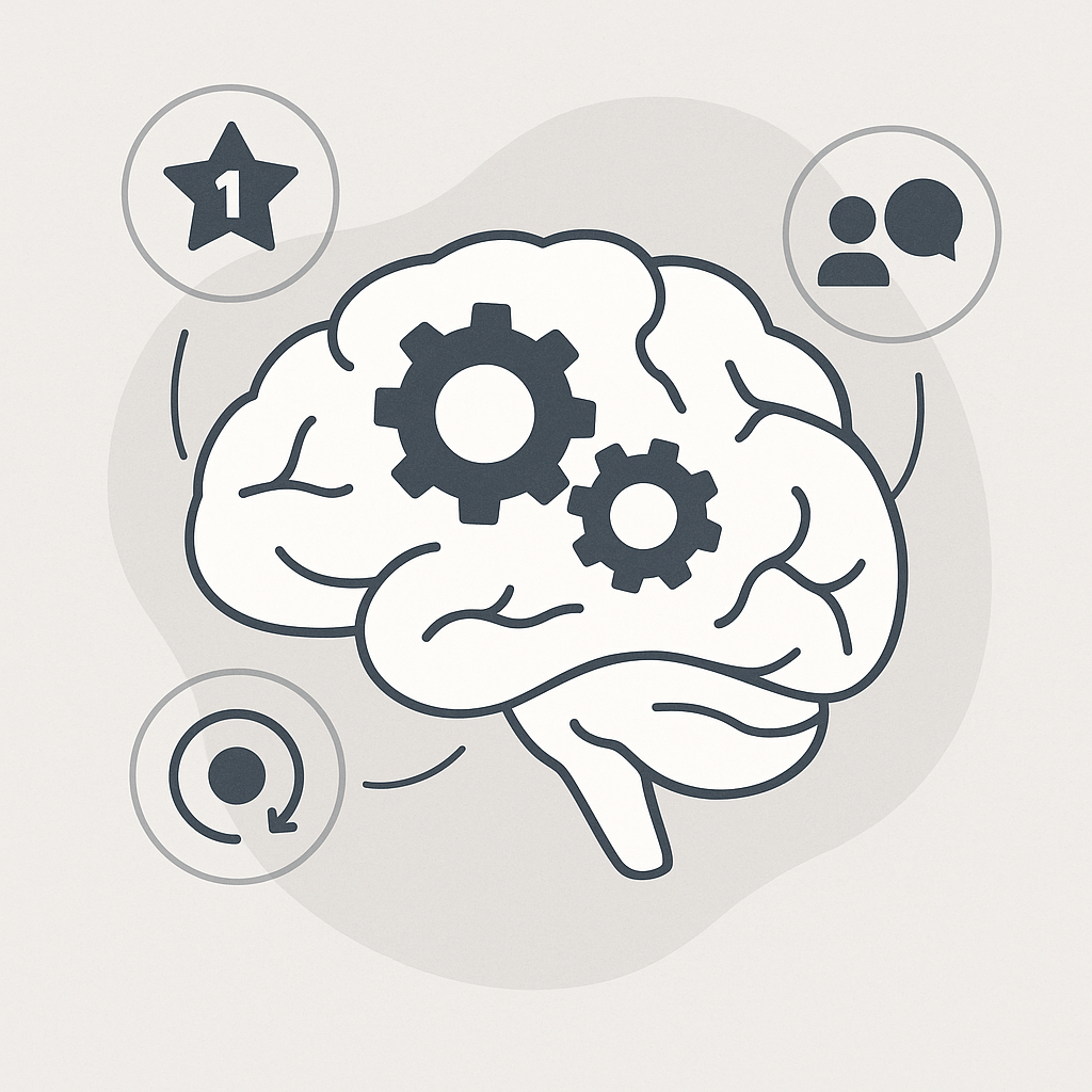 A professional, minimalistic scene depicting a brain with gears and icons representing game mechanics such as points, milestones, and social interaction, illustrating the concept of how gamification works on the brain’s motivation and reward systems.