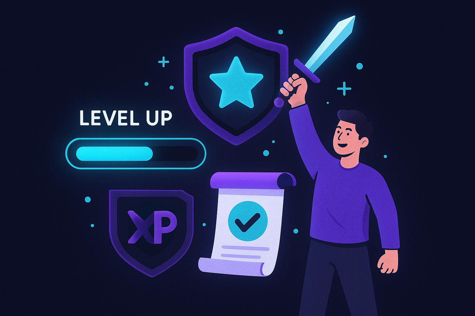 Illustration of a glowing quest journal with fantasy RPG styling