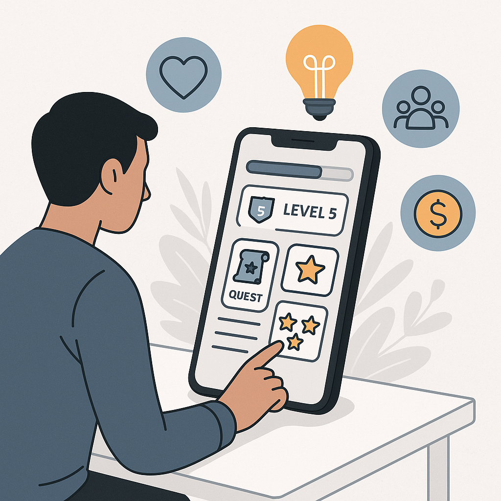 A clean, modern illustration showing a person interacting with a smartphone displaying gamification elements—progress bars, levels, quests, and social badges—surrounded by symbols of health, creativity, finance, and social connection, highlighting practical ways to gamify life.