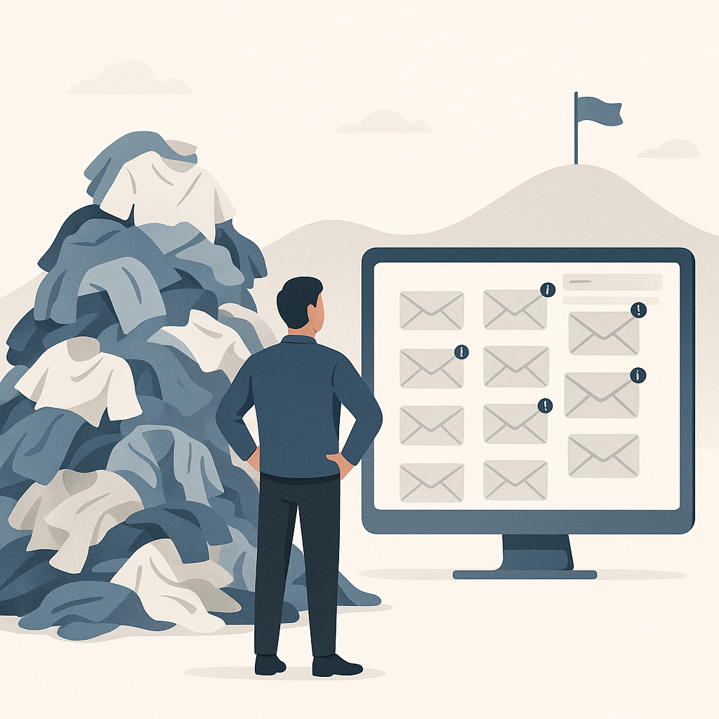 A modern, clean, professional illustration of a person standing before a large mountain made of laundry, overflowing email inboxes on a computer screen, and a distant goal symbolized by a flag on a hill, representing overwhelming daily tasks.